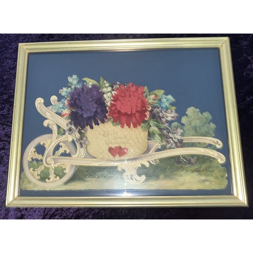 Vintage Gold Framed Valentine Card LARGE 3D 17x13x2 Flowers in Cart To My Sweet